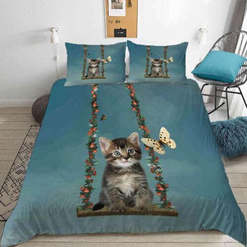 Housse de couette 140x200 microfibre 110g/㎡ respirante et durable motif chat 3D
