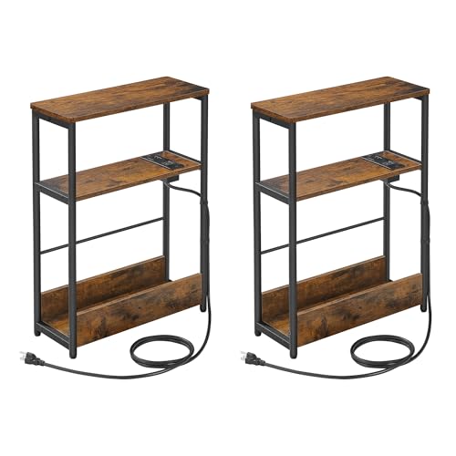 VASAGLE Side Tables with Charging Station, Set of 2 Narrow End Tables, 3-Tier Nightstands, Sofa Tables for Small Spaces, for Living Room, Bedroom, Study, Rustic Brown and Ink Black ULET664K01