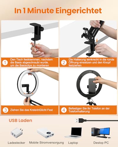 Evershop Ringlicht mit Stativ Handy Overhead 10”, Ring Light mit Fernsteuerung Ringleuchte Tish für Videos Fotos,3 Lichtfarben&10 Helligkeiten 360° Drehbar, Flexibel Dimmbar für Stream TikTok YouTube