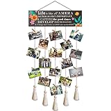 RAOSIME Vintage Rustic Style Wood Hanging Photo Display Wall Hanging with 16 Clips Multi Picture Frames Collage Decoration for Home Dorm Living Room Décor (Life is like a CAMERA)
