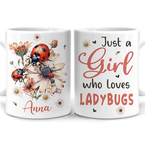Hyturtle Personalized Ladybug Mug - Ladybug Gifts For Women - Daisy Ladybug Gift For Lovers - Animals Lover Gifts - Ladybug Mothers Day Gift - Ladybug Cup - Custom Name Coffee Cup Ceramic Mug 11 15oz