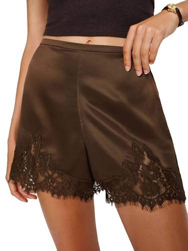 Satin Silk Boxers Shorts for Women Y2k Lace Trim Micro Mini Pajama Shorts Knickers Low Rise Lounge Slip Pj Bottoms (Lace Patchwork Dark Brown, M)