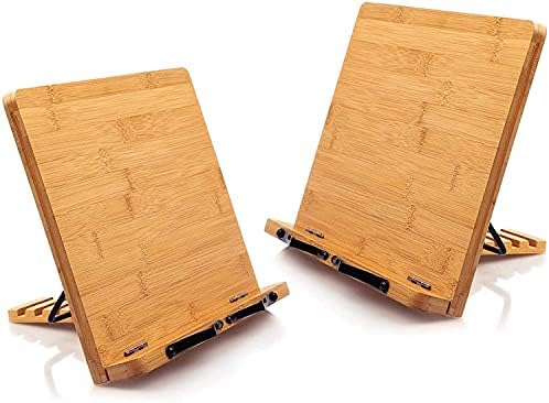 Pipishell 2 Pack Bamboo Book Stands Large Cookbook Holder Reading Stand (13.4 x 9.5 in) with 5 Adjustable Height, Foldable Wooden Book Holder for Textbook, Recipe, Music Book, Tablet Stand