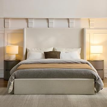 King Size Upholstered Platform Bed Frame, Tall Headboard Carmen Wingback Beds, 52.3" High Headboard Floor Bed Frames, No Box Spring Needed No Noise, Minimalist, Textured Ivory Canvas