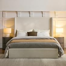 King Size Upholstered Platform Bed Frame, Tall Headboard Carmen Wingback Beds, 52.3" High Headboard Floor Bed Frames, No Box Spring Needed No Noise, Minimalist, Textured Ivory Canvas