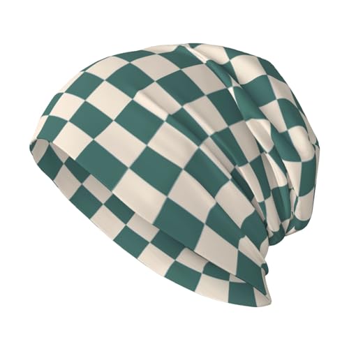 Green Checkered Beanie Chemo Hats for Women Men Slouchy Cancer Headwear Stretchy Skull Cap Soft Knitted Hat Nightcap Chemo Gifts