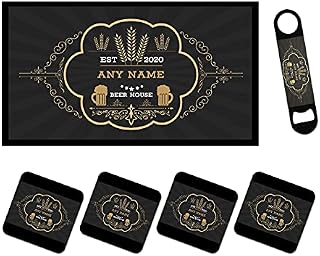 Personalised Bar Runner Mat, Matching Bottle Opener & 4 x Drinks Coasters Gift Set|Beer Gifts Home Bar Accessories for Pub Bars Man Cave Him Her|BRS-DI047|ADD ANY NAME/TEXT