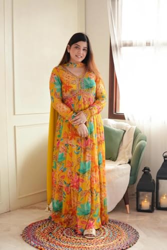Image of KD Georgette Women's Anarkali Floral Printed Kurta Pant Set with Dupatta Kurta Kurti for Women