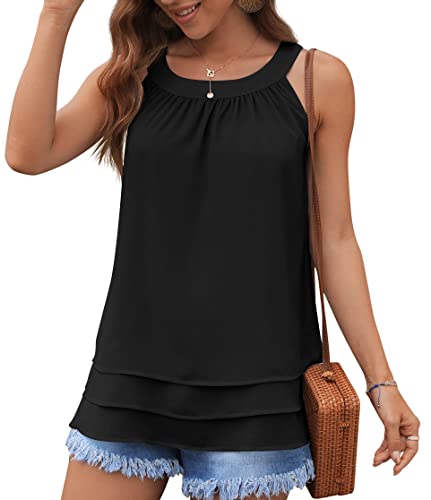 Grecerelle Halter Tank Tops For Women Dressy Casual Layered Pleated Chiffon Shirts Round Neckline Sleeveless Blouse Black-Large #TOP9
