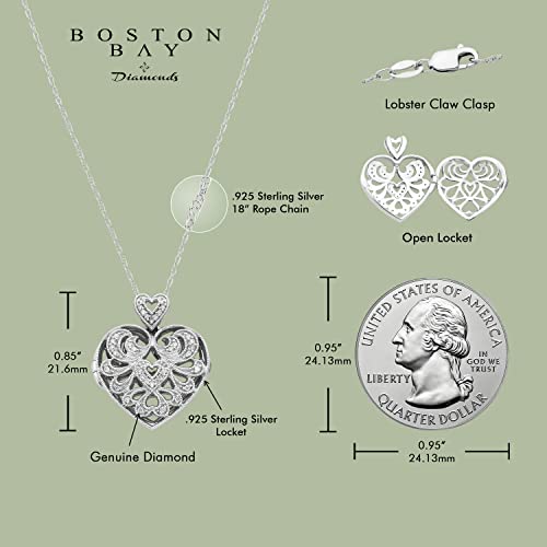 .925 Sterling Silver 1/10 Cttw Diamond Studded Filigree Heart Locket Fashion Pendant On 18” Rope Chain Necklace (I Color, I3 Clarity) #TOP2