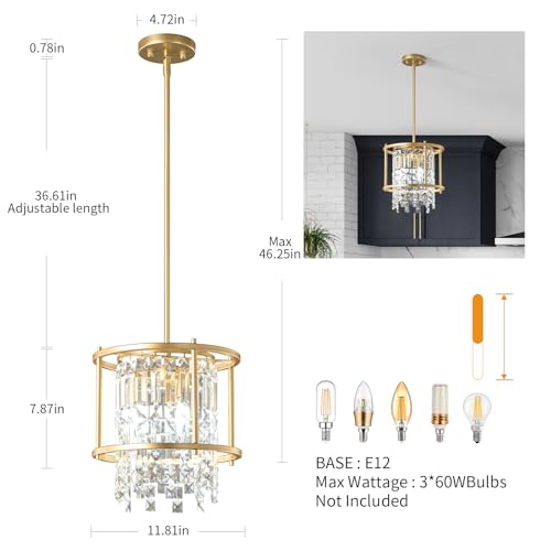 Image of LMQNINE Modern Foyer Chandelier, Gold Crystal Chandelier Entryway Pendant Light Fixture, Round Adjustable Height Chandeliers for Kitchen Island, L11.81'' x H7.87''