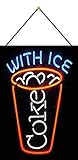  Blechschild 20x30cm gewölbt mit Kordel Coke with Ice Neon Bar Deko Geschenk Schild Kneipe Bar Party Deko Geschenk Schild