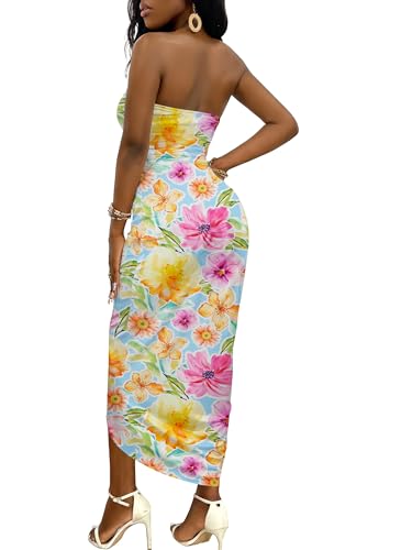 Image of Umenlele Women's Strapless Ruched High Waist Wrap Split Asymmetrical Beach Maxi Long Dress