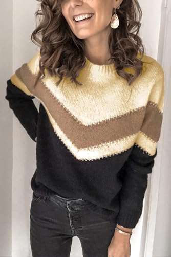 Image of ANCAPELION Women's Christmas Sweater Pullover Vintage Color Block Chunky Knit Sweater Tops