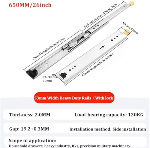 Heavy Duty Drawer Slides,1 Pair of 250LB Full Extension Side Mount Ball Bearing Drawer Rails with Lock for Tool Box Glides Furniture Cabinet Drawer Runners(1350mm/54inch)