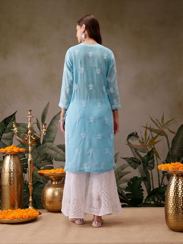 Image of Ada Lucknow Chikankari Hand Embroidered Faux Georgette Kurta Kurti Tunic Dress for Women A95504