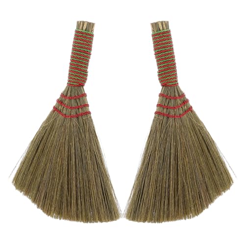 Mikikit Scopa a Mano Piccola in Miscanto Naturale Manico Corto Set 2 Pezzi Spazzole Portatili per Scrivania e Pulizia Cucina Spazzatrice Compatta Multifunzionale per Interni e Auto