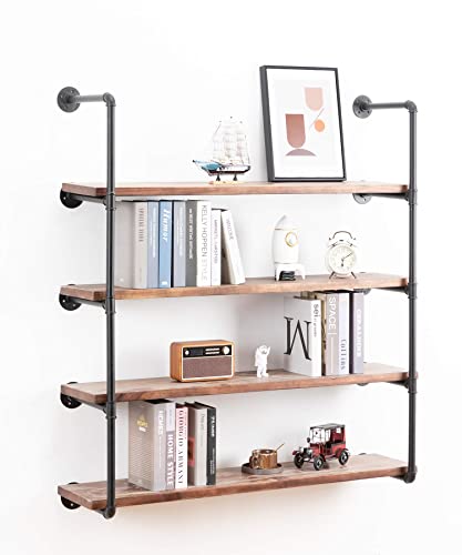Cthtesy Industrial Wall Mounted Pipe Shelving,Rustic Metal Floating Shelves,Steampunk Real Wood Bookcases,Diy Bookshelf Hanging Shelves, Kitchen Bar Office Home Storage (5-Tier With 4 Boards,48In) #TOP3