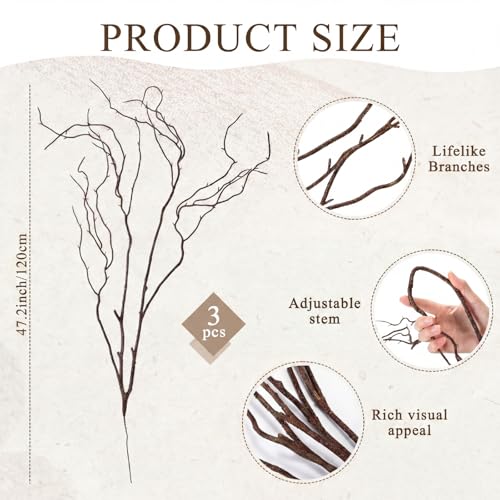 Image of Norme 3 Pcs 47.2 Inch Lifelike Curly Willow Branches for Vases Artificial Decorative Dried Twigs Tall Plastic Vine Bendable Stick for DIY Plant Crafts Farmhouse Wedding Indoor Home Hotel Decor(Brown)
