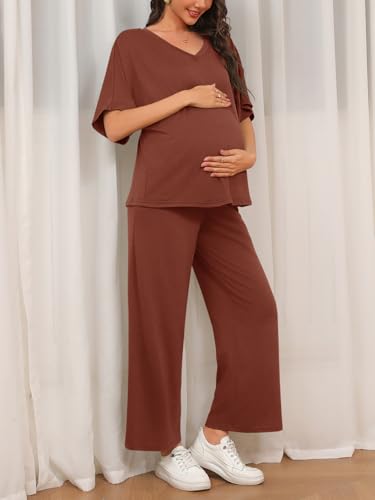 Tankaneo Womens Maternity Pajamas 2 Piece Lounge Set Soft Short Sleeve V Neck T-shirt Cropped Pants Pregnancy Loungewear, Coffee, X-Large — view 4