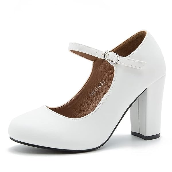 MAIERNISI JESSI Women's Mary Jane Pumps, Closed Round Toe, Block Heel with Ankle Strap Buckle, 3.54 Inch High Heel Matte White US 7.5 by MAIERNISI JESSI - Used condition - Image 4