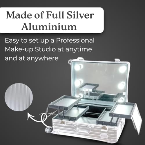 Image of Professional Makeup Trolley Case Aluminium with LED Mirror, Rolling Cosmetic Storage Organizer with Adjustable Legs, Lockable Travel Vanity Case for Makeup Artists & Salon Use (Silver)