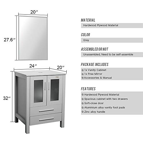 Eclife 36" Bathroom Vanity Sink Combo Grey W/Side Cabinet Turquoise Square Tempered Glass Vessel Sink And Orb Bathroom Solid Brass Faucet And Pop Up Drain,W/Mirror (A10B02Gb11) #TOP1