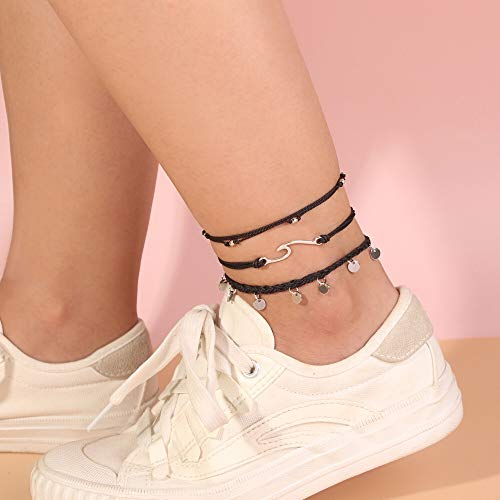 Image of Waterproof String Anklets Cute Beaded Ankle Bracelets Beach Wave Anklet Stainless Steel Coin Boho Ankle Jewelry for Women