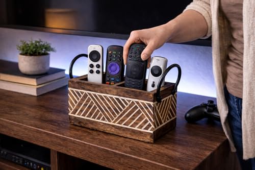 Image of Craft Expertise 2 Compartment Remote Control Holder Stand for TV & AC - Wooden & Iron Remote Organizer for Table, Sofa & Bedside | Rustic Brown Decorative Remote Caddy | Size 8 x 4 x 6.5 Inches