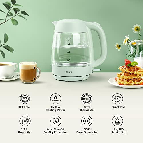 Image of iSiLER 1500W Electric Kettle, 1.7 L Electric Tea Kettle with LED Indicator, Cordless Electric Glass Hot Water Boiler, Portable Teapot Heater Auto Shut-Off & Boil-Dry Protection BPA-Free Green