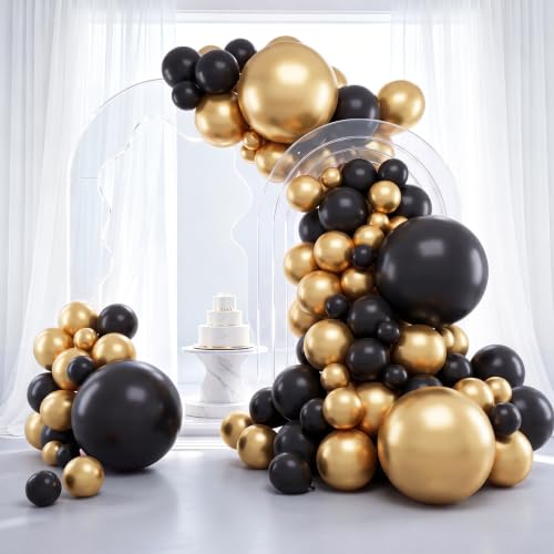 Image of RUBFAC Black and Gold Balloons 129pcs Different Sizes Pack of 18 12 10 5 Inch, Latex Balloon Garland Arch Kit for Party Graduation Wedding Holiday Happy Birthday Decoration