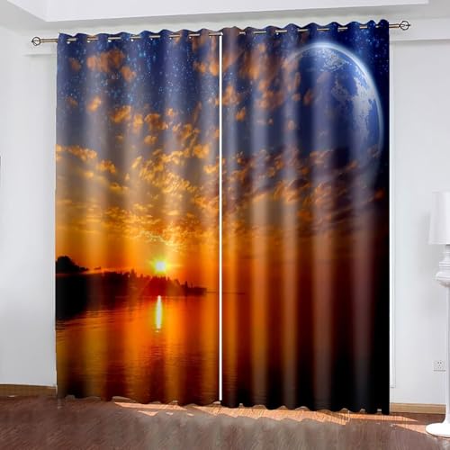 ANAZOZ Cortinas Habitacion Ollaos,2 x 102W x 229H CM,2 Piezas Cortinas Ventana Opacas Paisaje de Atardecer Playa y Luna Cortina Naranja Azul Cocina