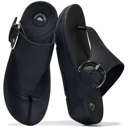 Image of Project Cloud Genuine Leather Women's Sandals - Thong Flip Flops with Plush Soft Insole, Arch Support & Non Slip Outsole - Comfortable Beach & Summer Slides