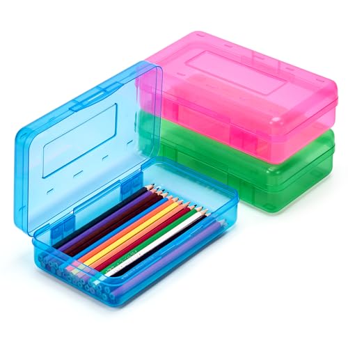 GAMENOTE Plastic Pencil Box with Personalized Sticker,Kids Large Hard Pencil Case with Snap-tight Lid,Clear Crayon Maker Organizer,Small Art Craft Storage Containers,School Supplies Box for Boys,Girls