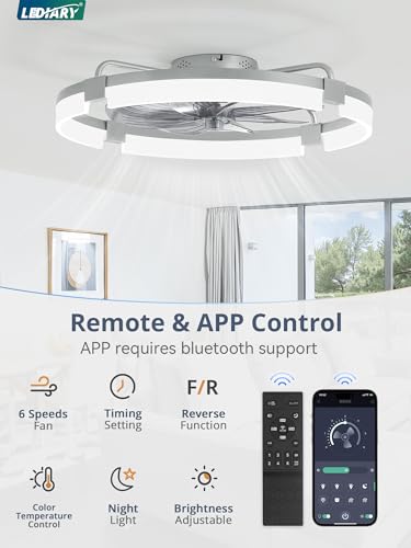Image of LEDIARY 24 inch Ceiling Fans with Lights and Remote, Modern Low Profile Ceiling Fan, 3 CCT, Stepless Dimmable, Fandelier Flush Mount Fan Light, 6 Speeds, DC Motor, App & Remote Control for Bedroom(Grey)