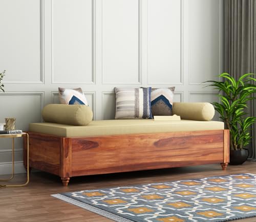 Image of ONIJA Solid Sheesham Wood Diwan Sofa Cum Bench Without Seating Cushion & Pillows | Modern Wooden Daybed for Living Room, Bedroom & Home Decor (Honey Finish)