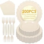 200 Pcs Disposable Paper Plates and Napkins Party Supplies, Ivory Tableware Set for Tea Party Serves 50 Guest 100 Scalloped Plates, 50 Napkins and 50 Forks Set for Bridal Shower Wedding Birthday