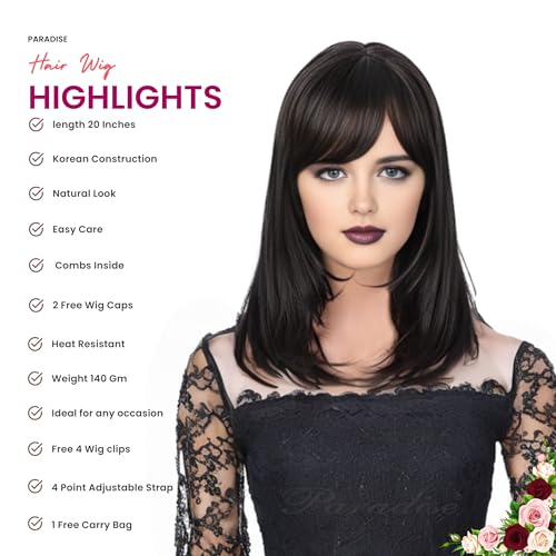 Image of Paradise 20-Inch Synthetichair Wigs For Women Full Head With Bangs - Full Head Short Wig for Women & Girls | Natural Black, 140g | Includes 4 Wig Clips, 2 Wig Caps & Carry Pouch