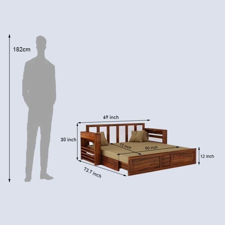 Image of Solid Sheesham Wood Sofa Cum Bed 2 Seater | Wooden Foldable Double Bed for Living Room with Headboard & Storage | Bed Cum Sofa with Mattress for Home | Dalla Design (Honey Finish)