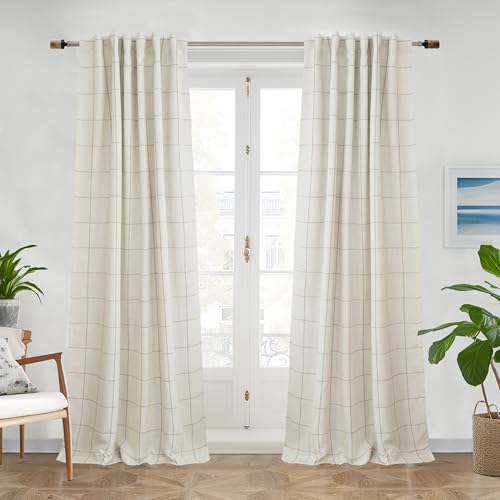DriftAway 100% Blackout Windowpane Plaid Linen Curtains Double Layer Farmhouse Drapes 84 Inches Long for Living Room Bedroom Yarn Dyed Woven Thermal...