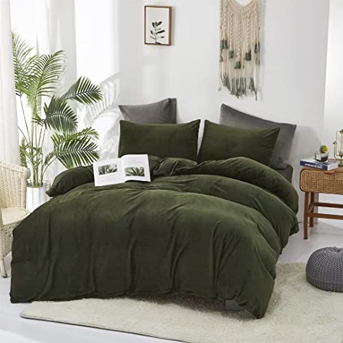 Clothknow Army Green Velvet Comforter Set Queen Green Bedding Comforter Sets Dark Green Bedding Sets Olive Green Bed Comforter Flannel Soft 3Pcs Hunter Green Comforter Queen Set #TOP5