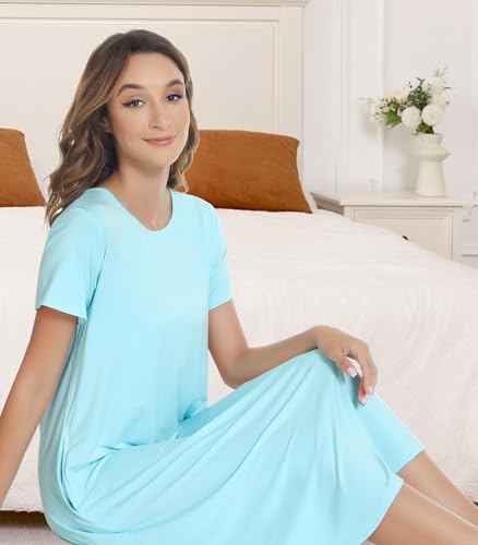 Image of NACHILA Nightgowns for Women-Viscose Made from Bamboo, Short Sleeve Nightshirts Cool Sleep Dress Long Sleep Shirt