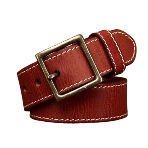 42mm Large Wide Top-Grain Leather Stitched Belt for Men Women,Trendy Casual Washed Vintage Strap with Gold Square Buckle(115cm/45, Reddish Brown)