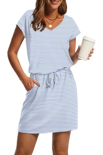 Image of OFEEFAN Summer Dresses for Women 2026 V Neck T Shirt Casual Mini Dresses Tie Waist Sundresses with Pockets