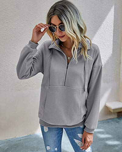Image of PRETTYGARDEN Women's Casual Long Sleeve Zipper Sweatshirt Drawstring Loose Quarter Zip Pullover Tops with Pockets