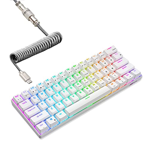 RK ROYAL KLUDGE RK61 60% Mechanical Keyboard with Coiled Cable, 2.4Ghz/Bluetooth/Wired, Wireless Bluetooth Mini Keyboard 61 Keys, RGB Hot Swappable Red Switch Gaming Keyboard with Software – White