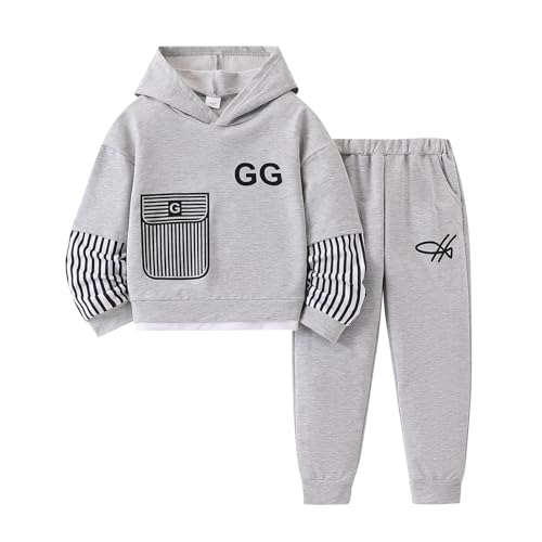 Yoxindax Boys Clothes Two-Piece Fall Winter Outfit Letter Print Color-Block Hoodie and Pants Set Size 11 12