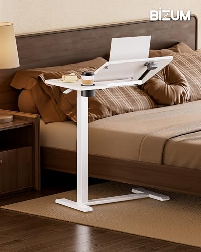 Image of BZIUM Overbed Bedside Table with Hidden Wheels, Adjustable Medical Tilt Top Hospital Bed Table Over The Bed, Rolling Desk Mobile Standing Desk (31.5x15.8, White)