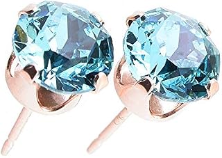 pewterhooter® 6mm Earrings for Women  14k Rose Gold plated Sterling Silver studs made with sparkling Aquamarine Blue crystal - Gift Box
