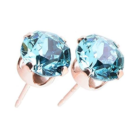 pewterhooter® 6mm Earrings for Women - 14k Rose Gold plated Sterling Silver studs made with sparkling Aquamarine Blue crystal - Gift Box Cover